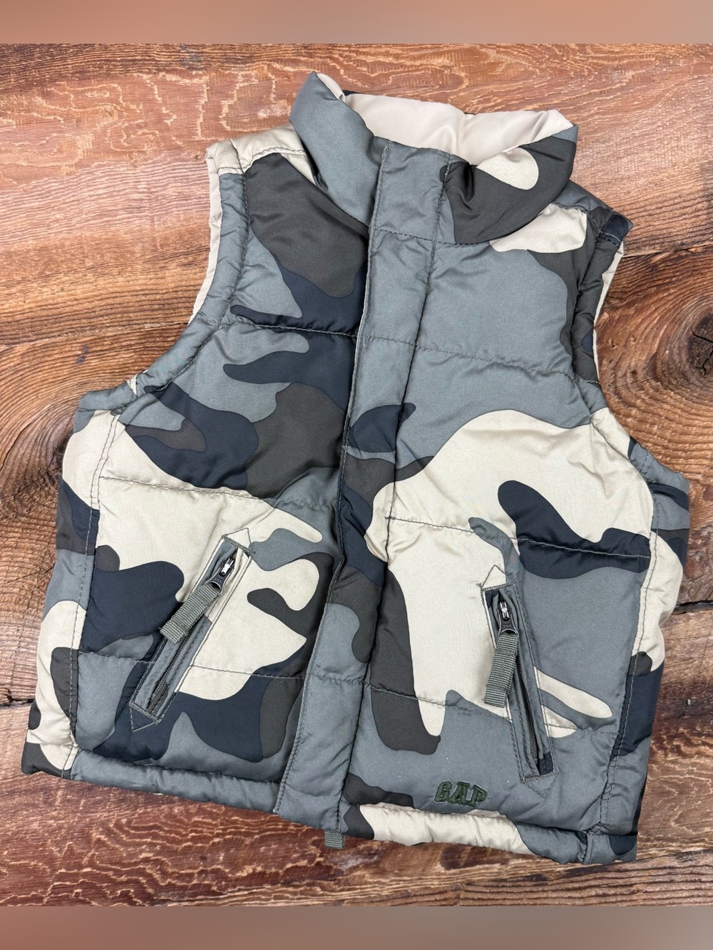 GAP Kids Camo Puffer Vest - Gray, Black, Cream